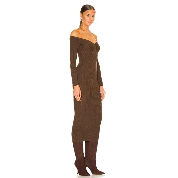 L'Academie Long Sleeve Tucci Knit Bustier Ribbed Midi Dress Womens Small Brown - Picture 2 of 10